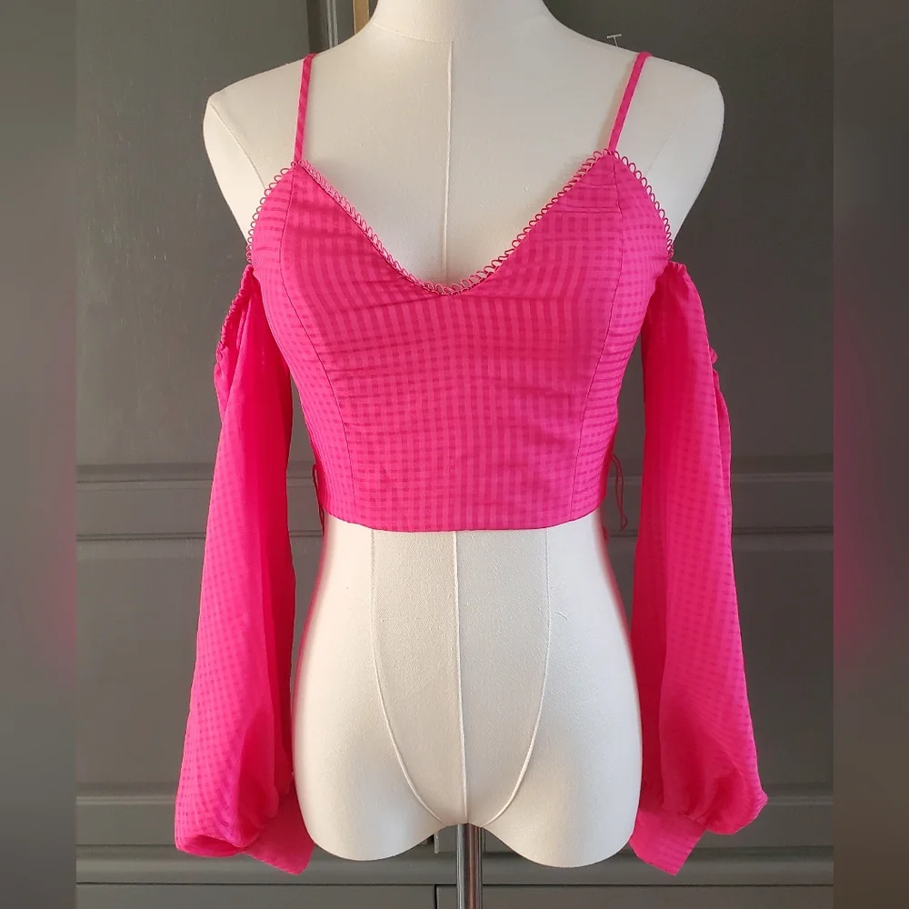 NBD Francis Crop long sleeved Corset top blouse in Fuchsia size XS **w/o sash**